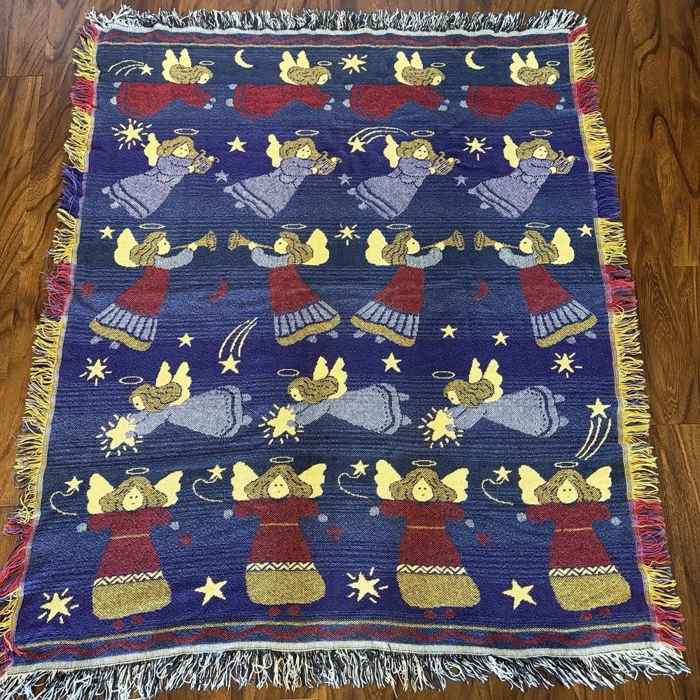 Vintage Angel Tapestry Throw Blanket Christmas Holiday Woven Fringe 47x57